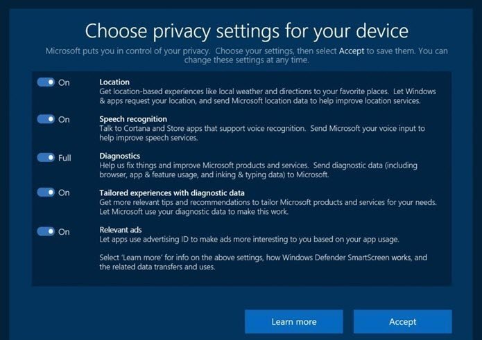 Configuración de privacidad del usuario de Microsoft Update