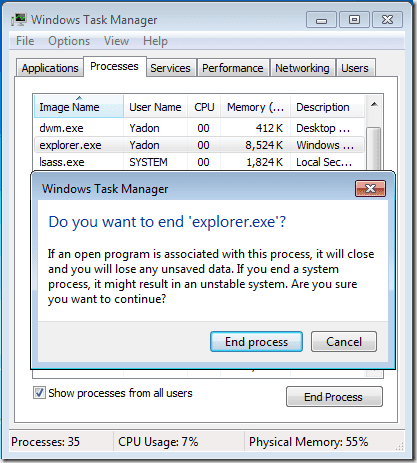 Reinicie Windows Explorer manualmente para evitar un reinicio del sistema